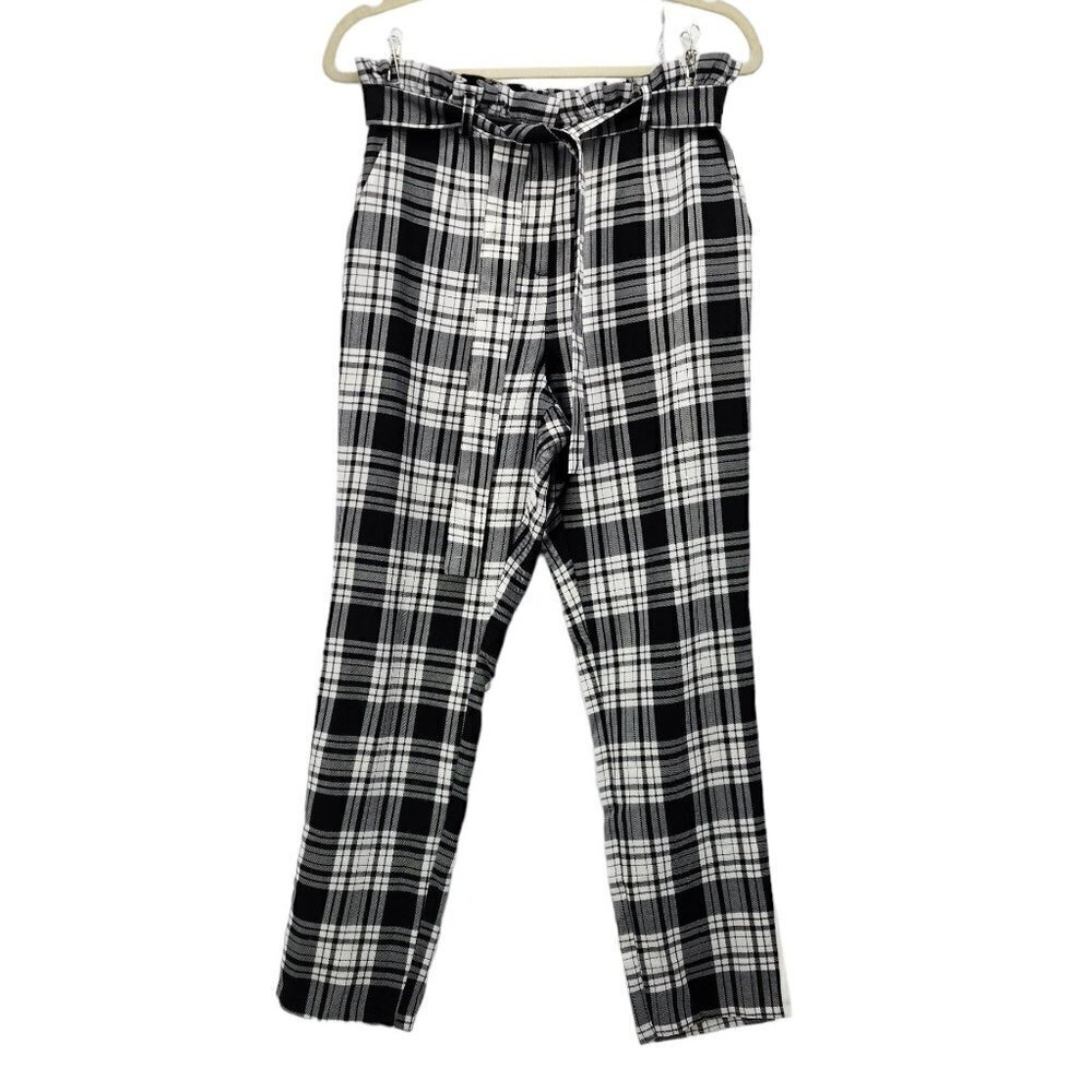 NWT ASOS Plaid Black White Belted High Waist Pants Womens 6